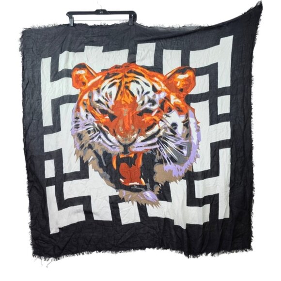 None Accessories - Tiger face print Raw hem cotton Scarf/ wrap